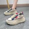 Vintage Women Lace Up Platform Shoes Beige Navy Colorblock Thick Tire Sole Height Increasing Casual Daily Walking Sneakers