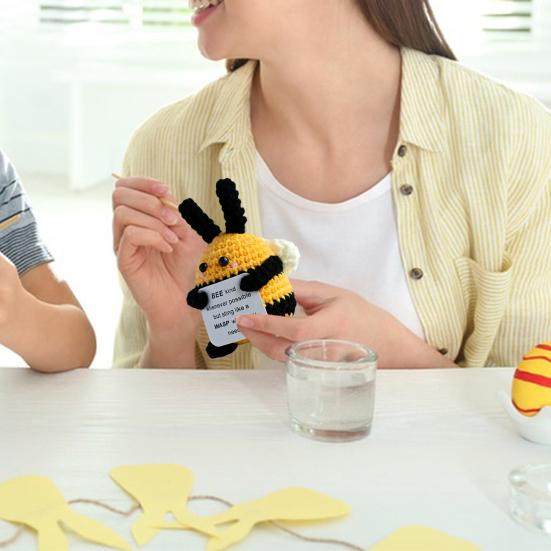 Positive Crochet Bee Doll with Encouraging Card Emotional Support Handmade Knitting Honeybee Animal Toy Decoration Ornament Kids Adults Birthday Gift