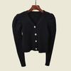 Korean Style Retro Puff Sleeve V Neck Silm High Waist Knit Outwear New New Arrival Western Style Figure Flattering Knit Cardigan