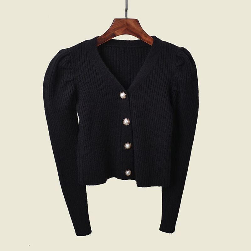 Korean Style Retro Puff Sleeve V Neck Silm High Waist Knit Outwear New New Arrival Western Style Figure Flattering Knit Cardigan
