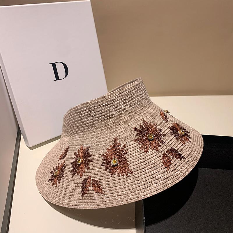 Fashionable Straw Visor Hat With Rhinestone Embroidery Foldable Sun Protection Beach Cap Versatile Shopping Summer Hat