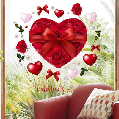 Heart-Shaped Rose Day Removable PVC Window Glass Flower Window Sticker Valentine's Decal Reusable Static for Wedding
