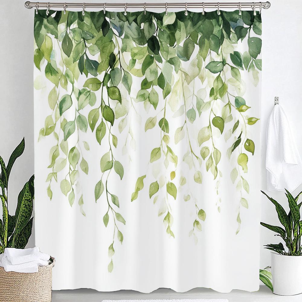 

1Pc Green Leaves Print Polyester Shower Curtain Bathroom Decoration Curtain,Hanging Curtain With Hooks Machine Washable W60H190(CM)-1 Pcs