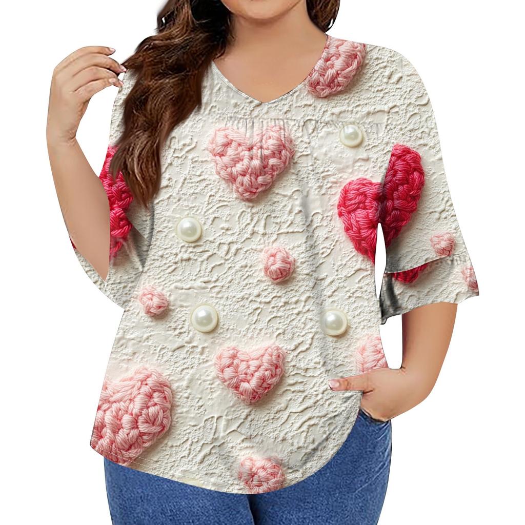 Modă Femei Casual Imprimat Decolteu în V Mânecă Șapte Minute Mânecă cu Volane Tricou Mărimi Mari Topuri