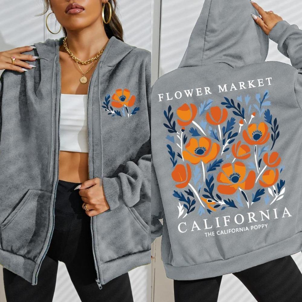 

Yellow Flowers Market California Prints Women Zipper Hoodie Fashion Loose Hoody Soft Casual Sportswear Autumn Clothing S