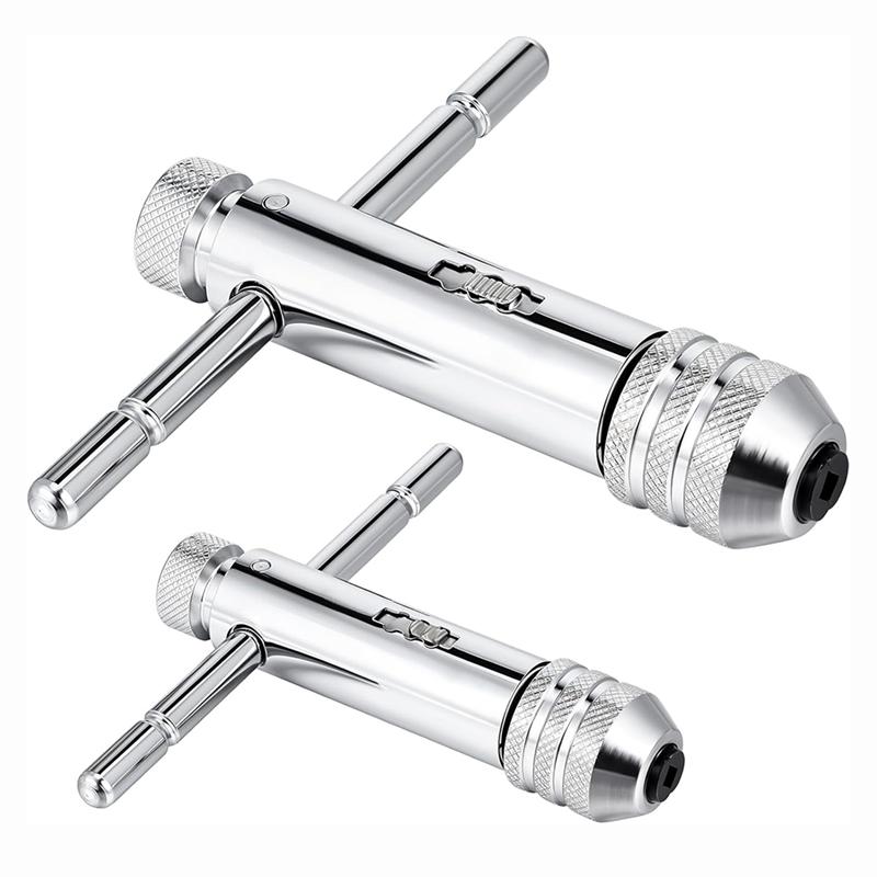 A25F-2Pcs Ratchet T Handle Tap Wrench, Adjustable T Bar Handle Holder Ratcheting Tap Wrench For Metric M3-M8 / M5-M12 серебряный