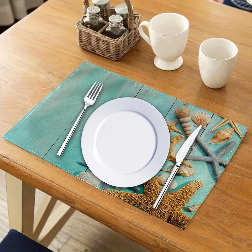1pc Vintage Ocean Style Encrypted Linen Placemat, Summer Style Seahorse/Starfish/Seashell/Conch Table Mat, Tabletop Protection