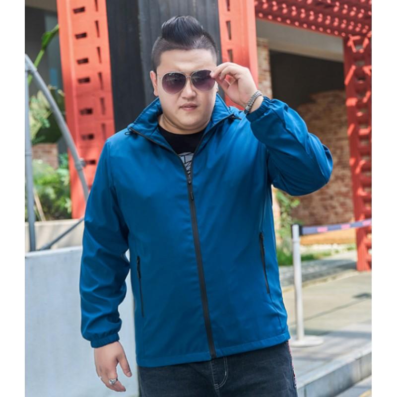 Men Spring Autumn Plus Size Jackets Solid-Color Hooded Stand-Up Collar Windbreaker Jacket