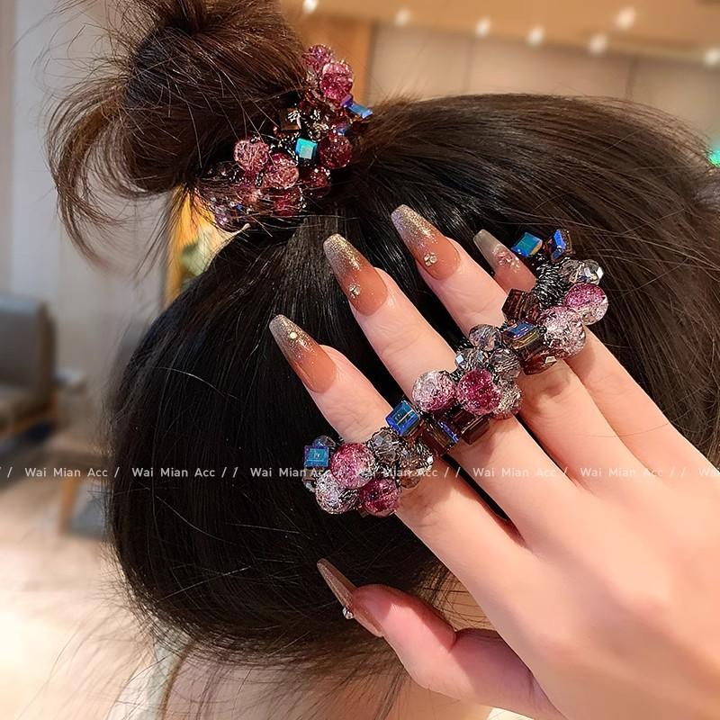 1PC high-end fuchsia head flower crystal hair band women's ponytail headrope 2025 new ball head tie hair rubber band hair accessories