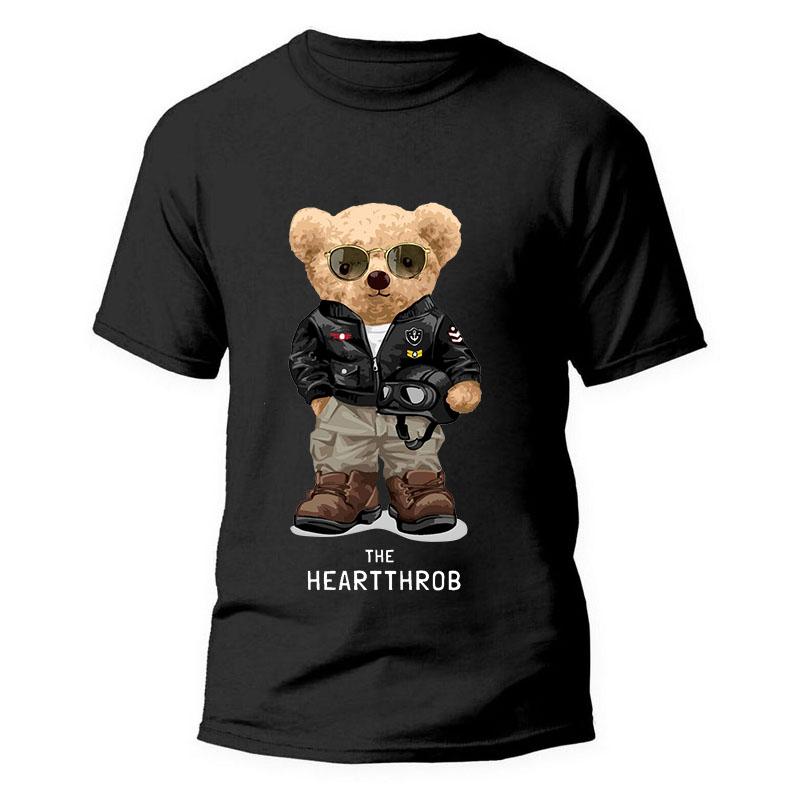 Men's Summer Little Bear Cartoon Printed Cotton Short Sleeve T-shirt