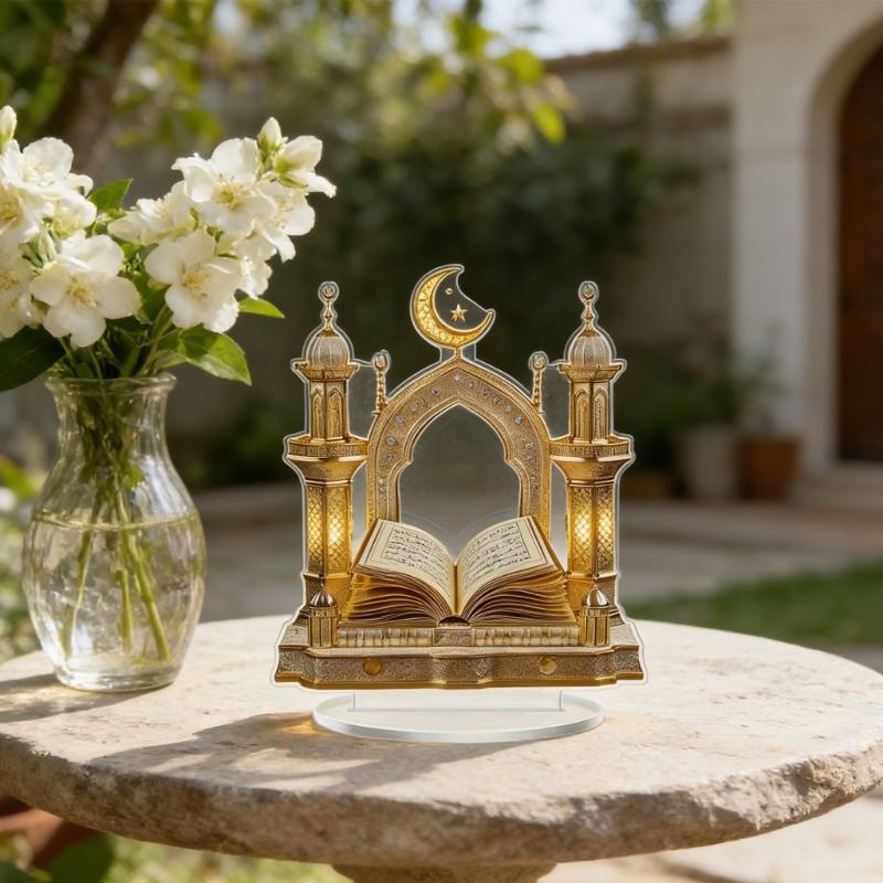 Eid Ramadans 2D Moon Castles and Quran Acrylic Table Sign Ornament for Islamic Tabletop Decors Muslims Festival Gift