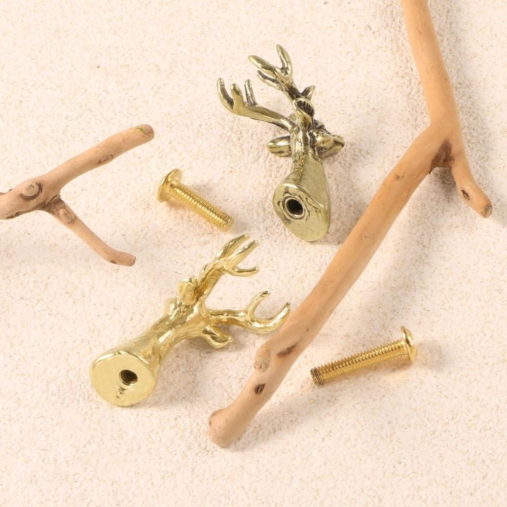 Retro Brass Cabinet Pull Vintage Furniture Hardware Solid Deer Head Drawer Handle Gold Home Decor