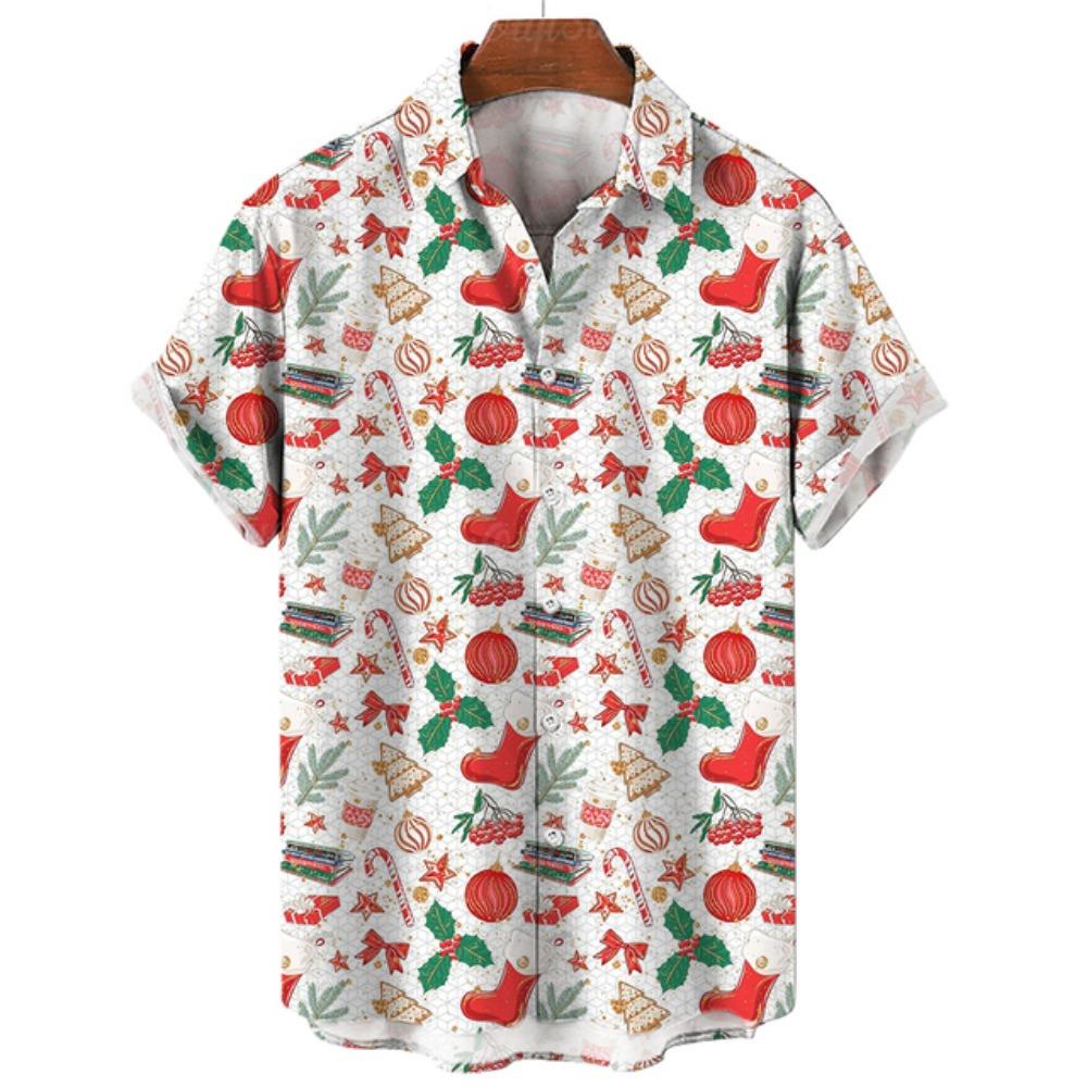Retro Style Christmas Tree Reindeer Snowflake Printed Short Sleeved Shirt for Men and Women Christmas Holiday Loose Casual Shirt