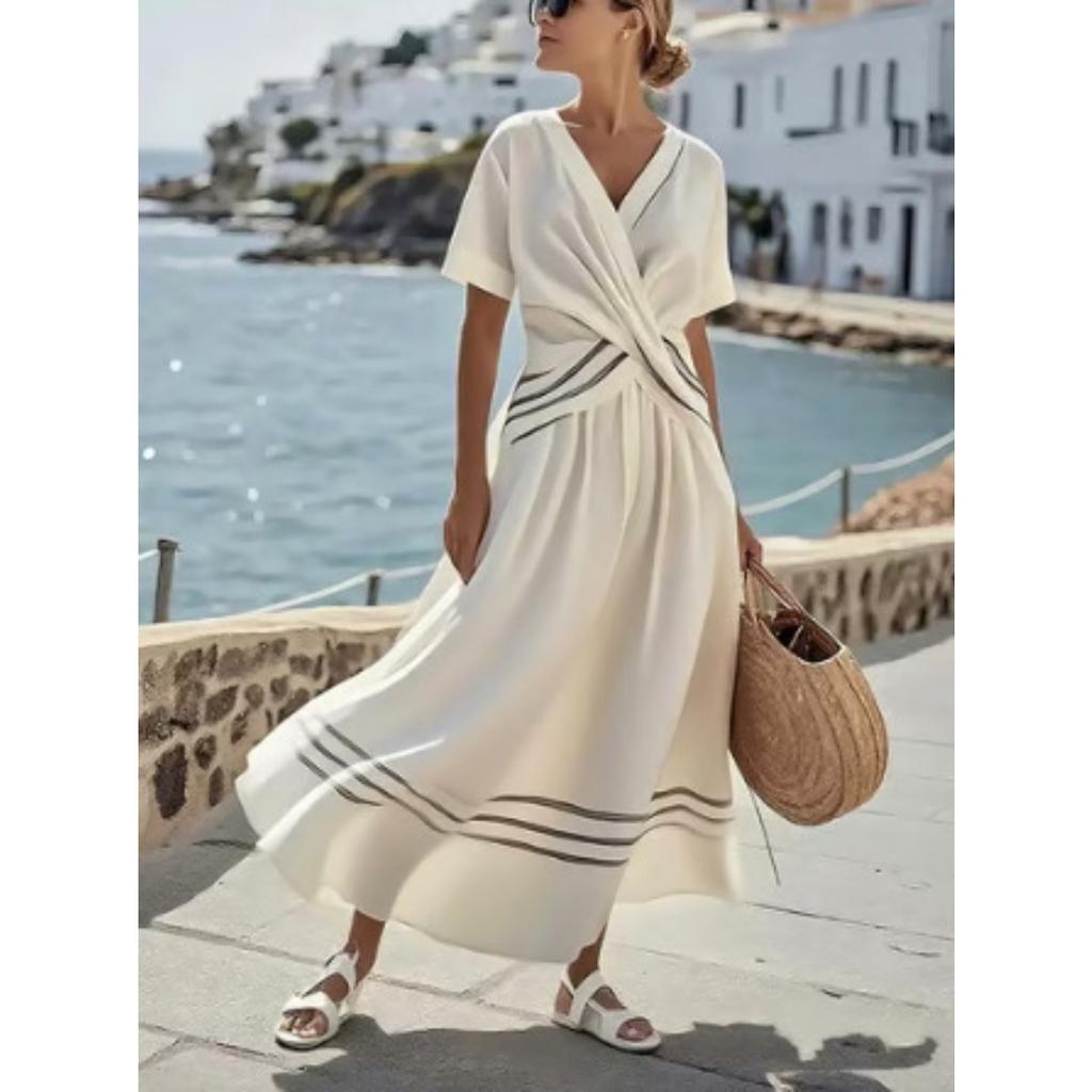 Women's V Neck Short Sleeve Maxi Dress Loose Fit Mid Waist Elegant Striped Wrap Dress