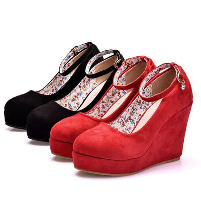 Japanese and Korean Round-toe Waterproof Platform Slope Heel Single Shoes One-liner Buckle Mary  Slope Shoes Spring and Autumn Single Shoes