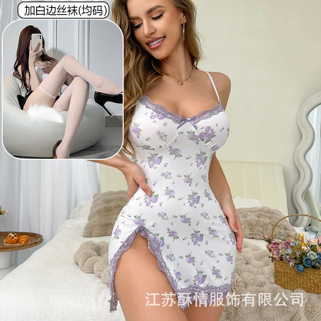 Crispy lingerie small floral splicing lace sexy low-cut European and American style casual split hip skirt nightdress