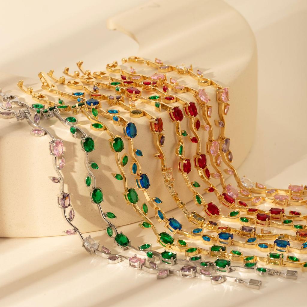 Luxury Gold-Plated Copper Zircon Leaf Bracelet, High Quality Jewelry