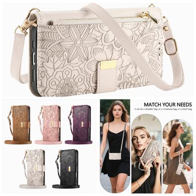 Floral Leather Wallet Case for Samsung Galaxy A05-A71 / S24-S25 Series...with Detachable Shoulder Strap
