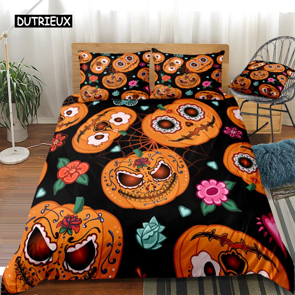 Happy Halloween King Queen Duvet Cover Orange Pumpkin Bedding Set Kids Teens Adults Bats Horror Festival Polyester Quilt Cover