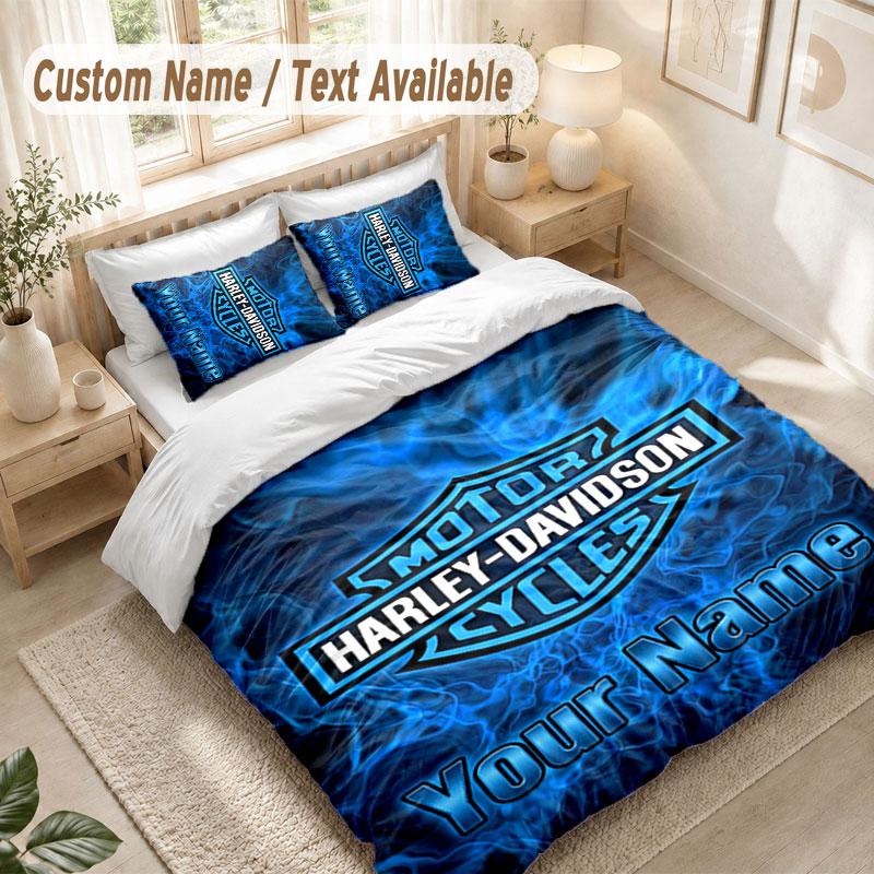 Custom Name Bedding Set 3 PiecesHarley-Davidson Print Duvet Cover + 2 Pillowcases Soft Bed Decor