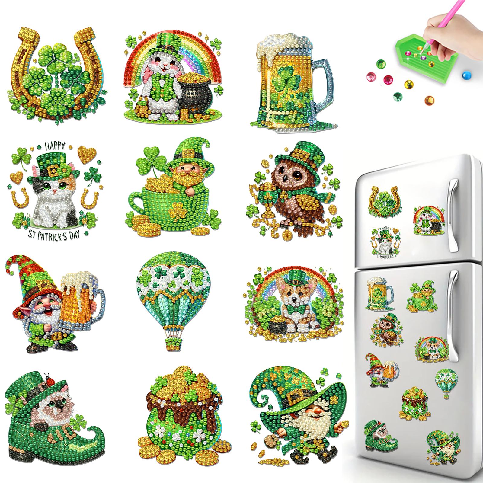 

12Pcs St Patricks Day DIY Diamond Painting Magnets Kits Diamond Art Stickers Refrigerator Painting Kits for Beginners Home Decor