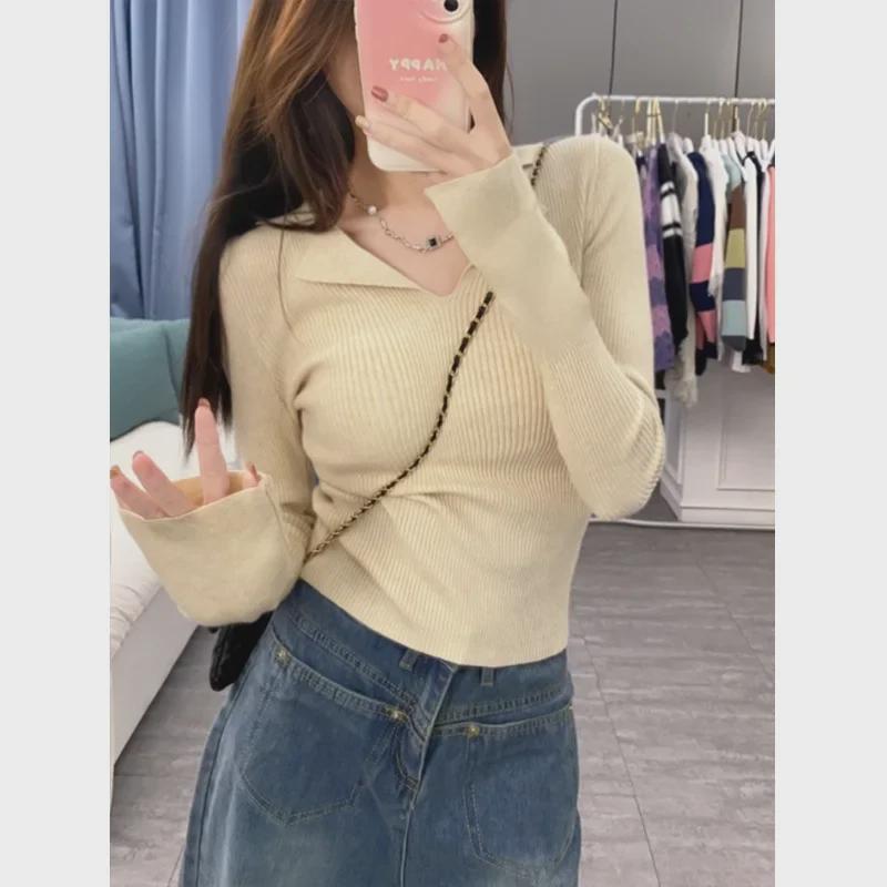 Milk Apricot V-Neck Knitted Sweater for Women - Spring Slim Fit 2025, Sweet & Spicy Polo Neck, Long-Sleeved Top, Bottoming Shirt