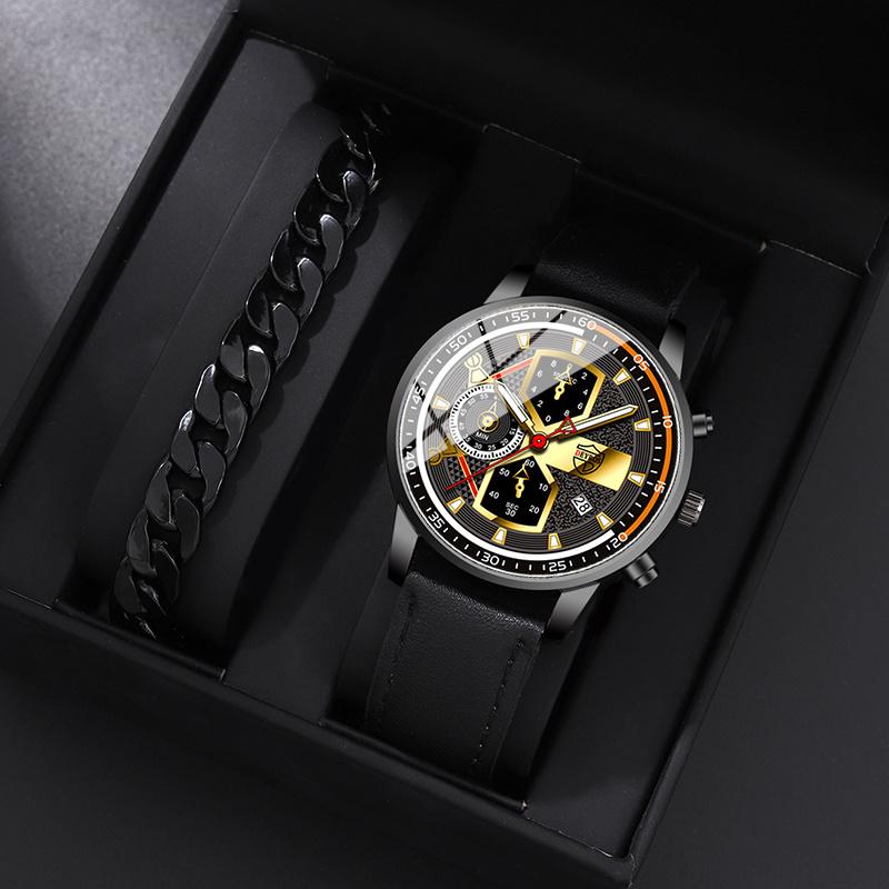 2PCS Set DEYROS Luxury Men's Watch Luxury Men's Leather Strap Calendar Watch Casual Men's Quartz Watch&Bracelet Father's Day Gift