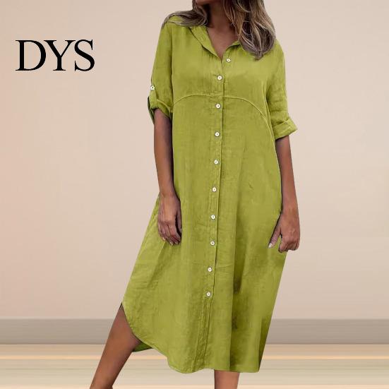 Buttoned Women Dress Summer SIngle-breasted Half Sleeves Turn-down Collar Loose Lady Daily Solid Color Buttons Commute Wear Midi Shirt