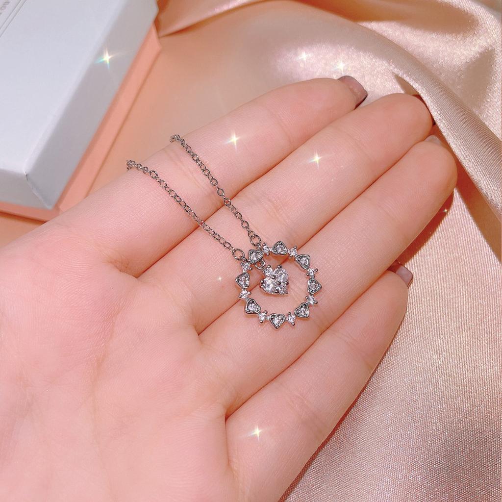 Heart Cut Cubic Zirconia Open Circle Floating Center Stone Pendant Women Clavicle Necklace