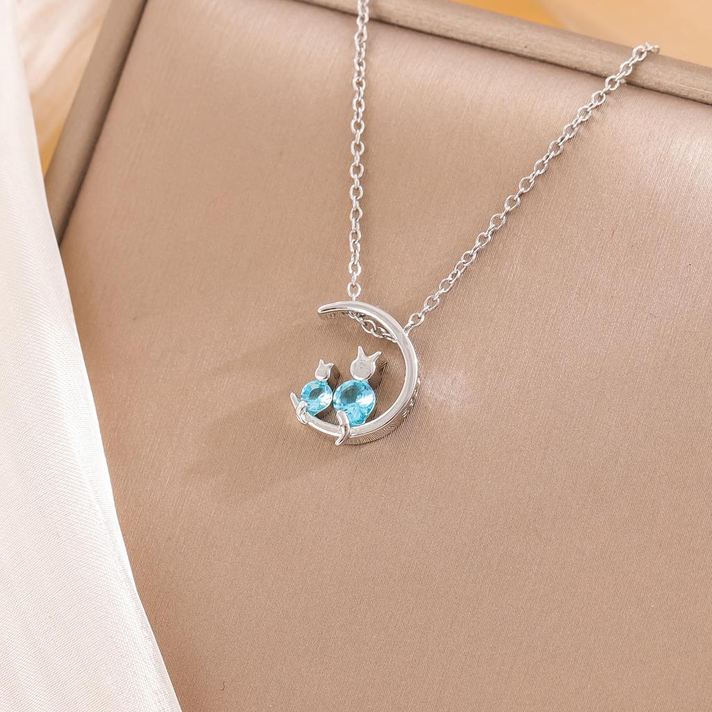 Fashion Simple 925 Sterling Silver Personality Blue Crystal Moon Cat Sweet Necklaces XL041