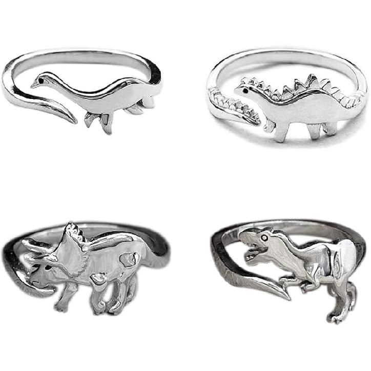 Caiyao 2-4 шт. Милый набор колец с динозаврами Тираннозавр Трицератопс, Позолоченное серебро 14K, Прекрасное открывающееся регулируемое полированное кольцо с животными для женщин и мужчин Adjustable