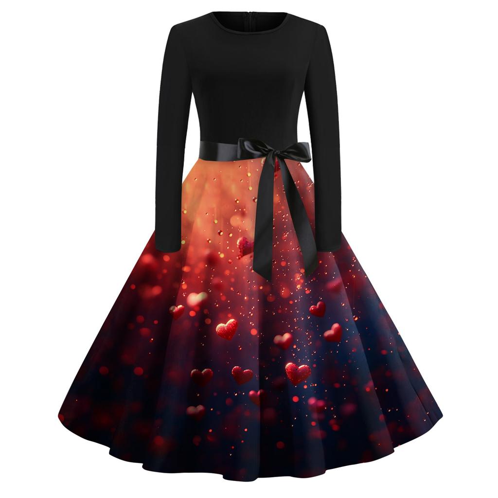 Women's Printed Round Neck Big Hem  Skirt Pleated Skirt Long Sleeved Dress Dress