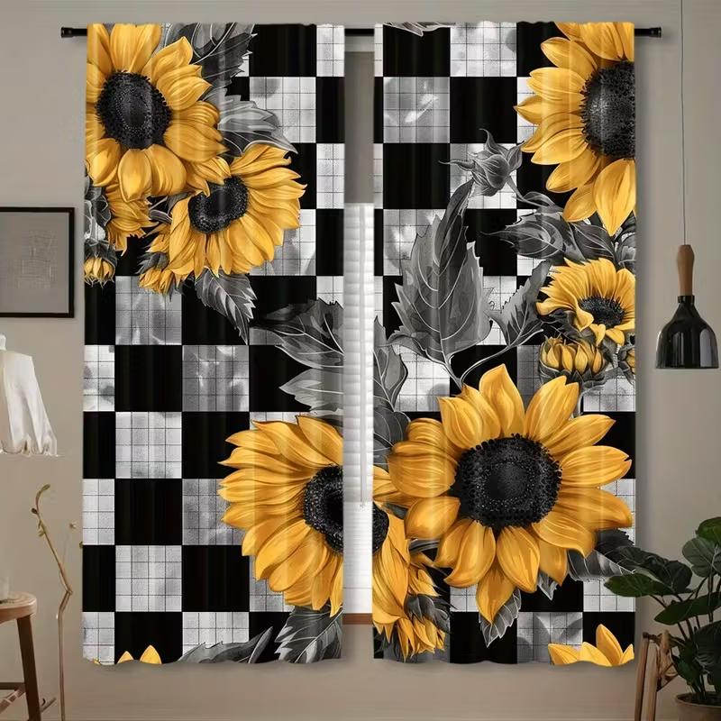

2 Pcs Black checkered sunflower print curtains,suitable for bedroom,living room kitchen decoration,home decor,window decoration 14Wx39L(35x100CM)x2&Rod Pocket