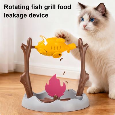 Spinning Fish Cat Treat Dispenser Interactive Grilled Fish Over Campfire Cat Toy Fun Slow Feeder