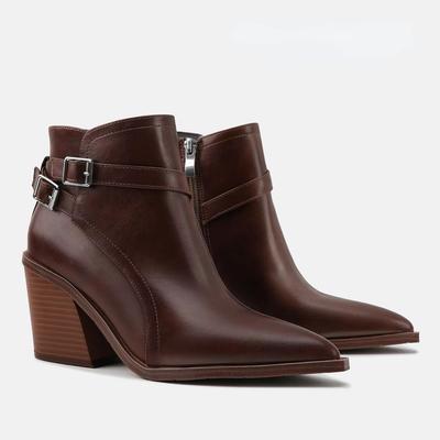 Moda 2025 Botas Cowboy Western de Cuero PU para Mujer Tacones Altos Gruesos Cremallera Correa con Hebilla Botines Punta Afilada Tobillo Botas Zapatos Otoño Invierno