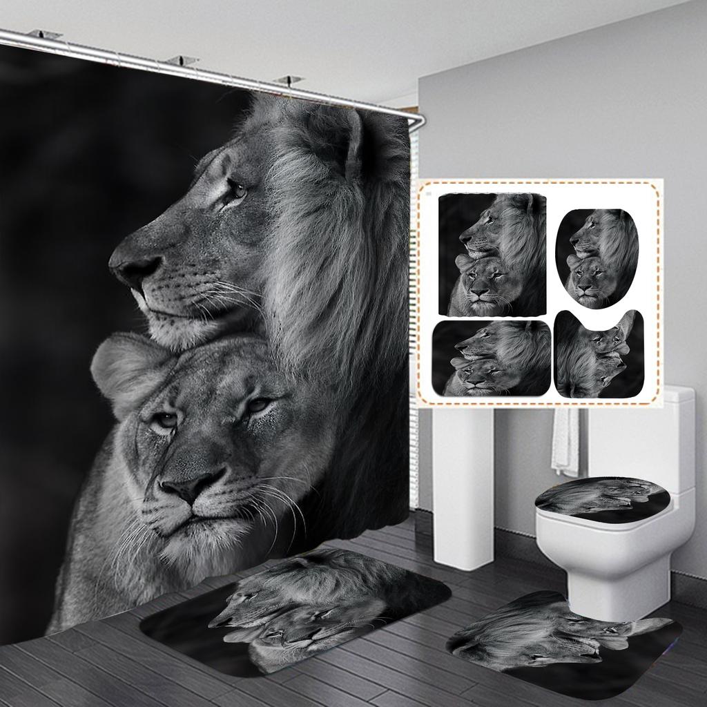 Seturi de perdele de duș din seria Lion 4 buc pentru baie Covoare de baie antiderapante Capac capac de toaletă Covoraș de baie