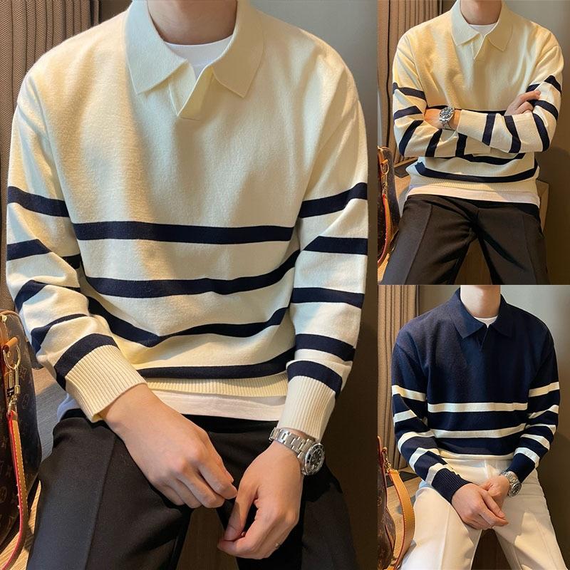 Striped Polo Collar Knitted Sweater For Men's Autumn And Winter Loose Casual Sweater Business Commuting Top