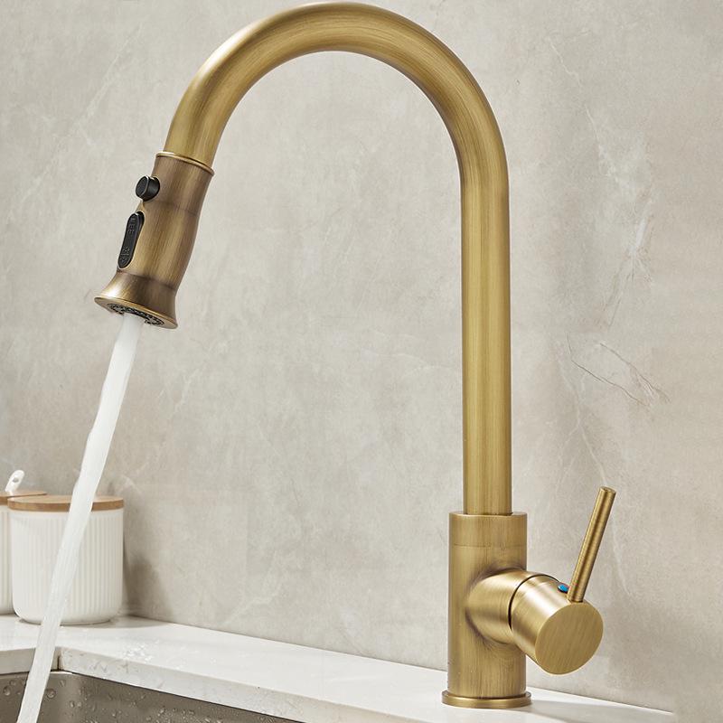 Elegant European-Style Brass Kitchen Faucet with Pull-Out Sprayer for Hot and Cold Water