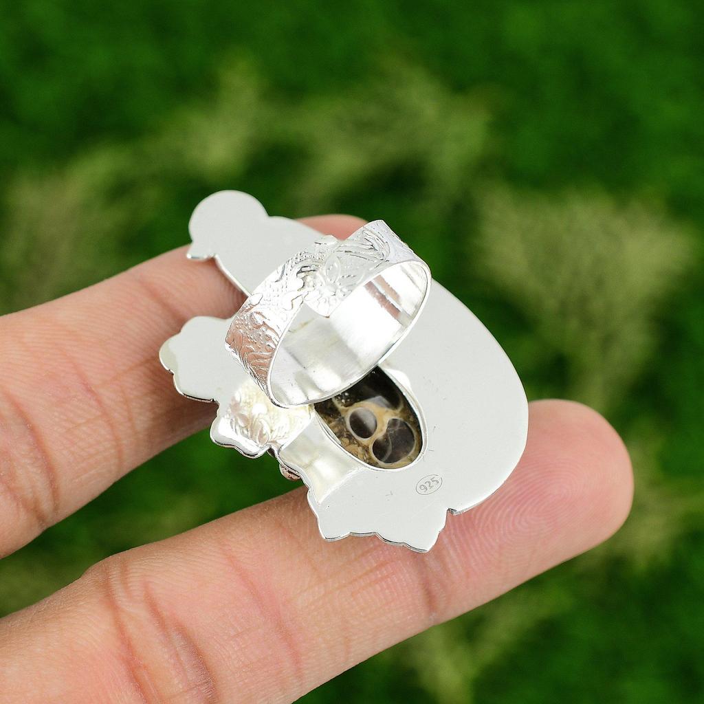 Natural Turritella Agate Gemstone Promise Bird Brown Adjustable Ring 925 Silver