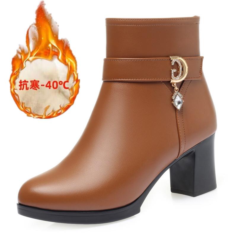 Mode Elegante Frau Block Hohe Absätze Schuhe Weiblicher Trend Winter Wolle Kurze Stiefel Weiches Leder Warme Fell Stiefeletten für Büro Mama