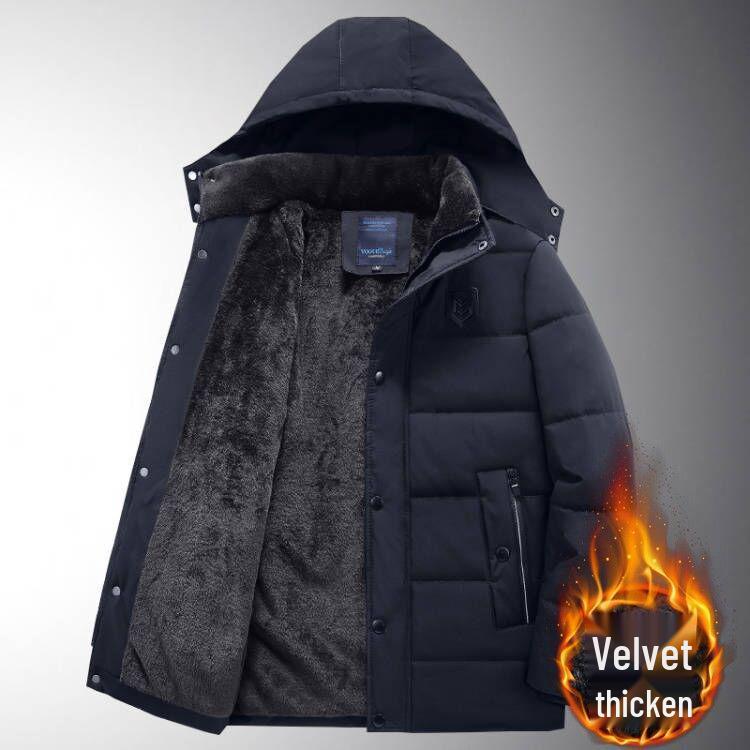 Herren Winter Mittellange Verdickte Baumwolljacke für Mittleren Alters & Ältere mit Zusätzlichem Fleece