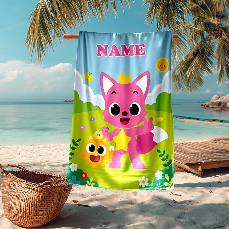 Custom Name Ultra-Soft Beach Towel with Pinkfong Wonderstar Theme,Ideal for Pool - Camping, Diving - Perfect Travel Essential, Vibrant Beach Towel.