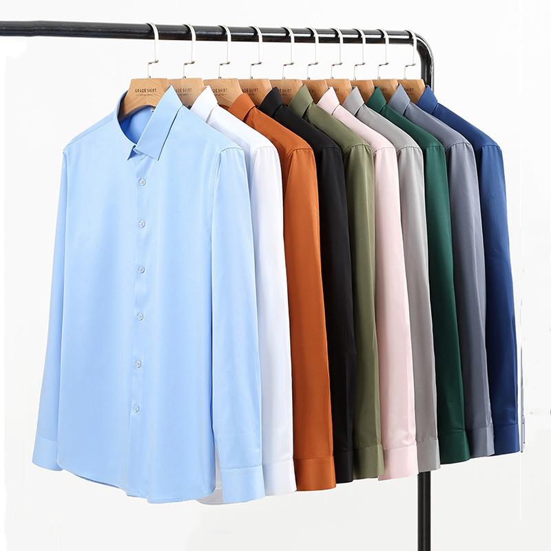 Volná hedvábná saténová košile Pánská značková košile s dlouhým rukávem Pánská košile s dlouhým rukávem Vysoce kvalitní obchodní košile se spodním okrajem