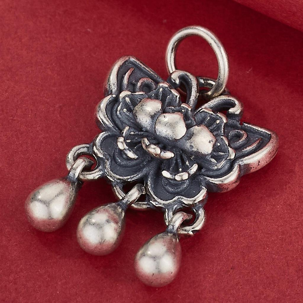 Chinese Style S925 Sterling Silver Butterfly & Lotus Tassel Pendant for DIY Necklaces and Bracelets