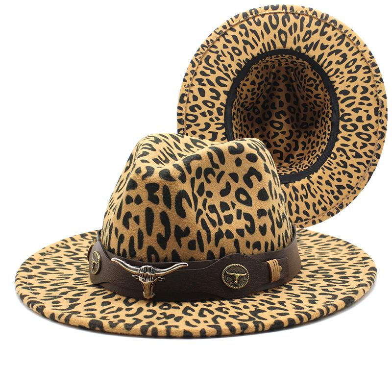 Women Leopard Open Road Hat Fedora Hat Fashionable Wide Brim Fedora Felt Panama Hats Classic Belt Buckle