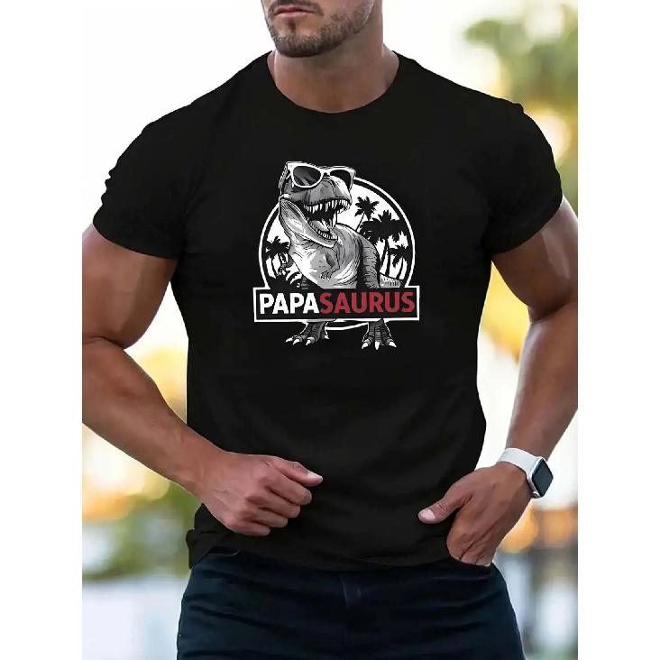 Men's Funny Dad Dinosaur Graphic T-Shirt - PAPA SAURUS Shirt with Palm Tree - Breathable Moisture-Wicking Fabric - Regular Fit Tee for Gym, Hiking,