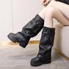 Fashion 9.5cm Synthetic Leather Women Hidden Heel Booties Boots Platform Wedge Fashion Autumn Spring Block Knee High Boots Shoes