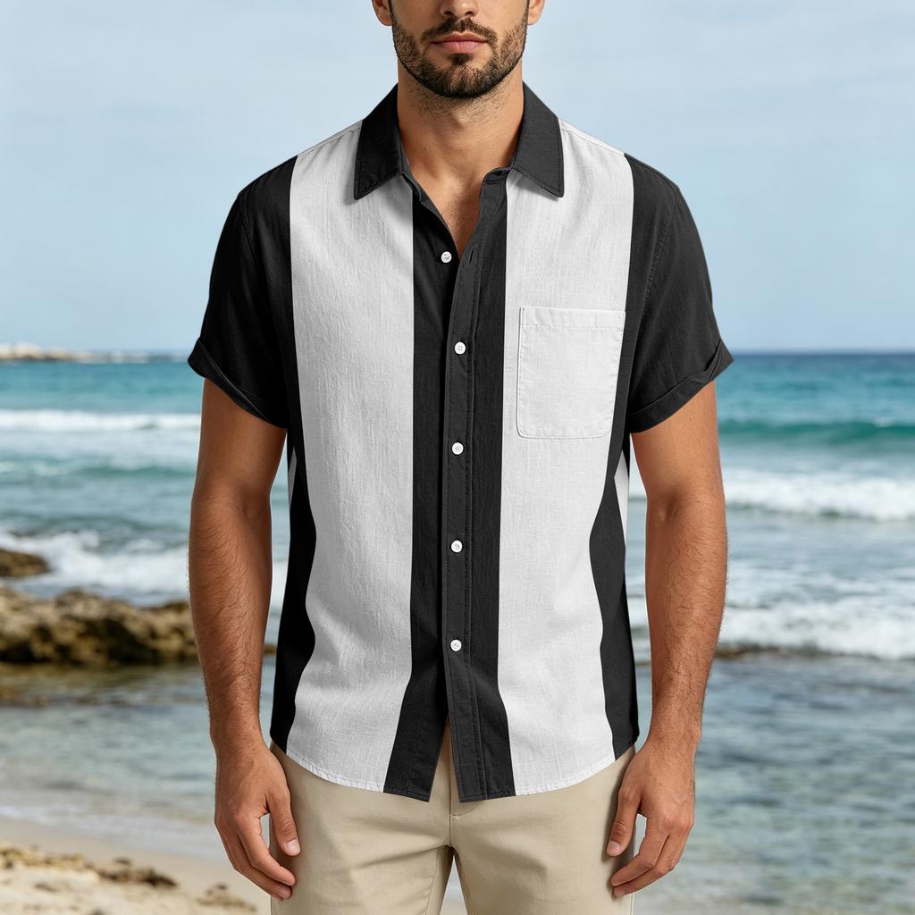 Men Short Sleeve Casual Button Down Shirt Relaxed Fit Lightweight Fabric Vertical Stripe Pattern Lapel Collar Pocket Design