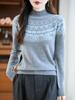 Women's Retro Fair Isle Pure Wool Sweater - Half-High Collar, Loose, Versatile Winter Knitwear