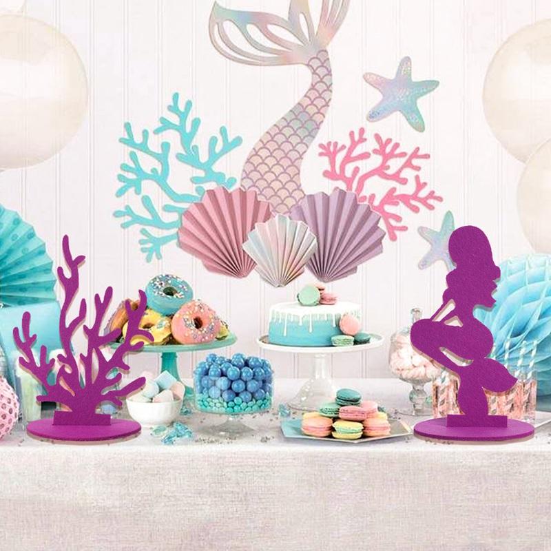 6Pcs Little Mermaid Theme Party Decorations DIY Felt Coral Table Ornament Under the Sea Girl Birthday Party Supplies Baby Shower